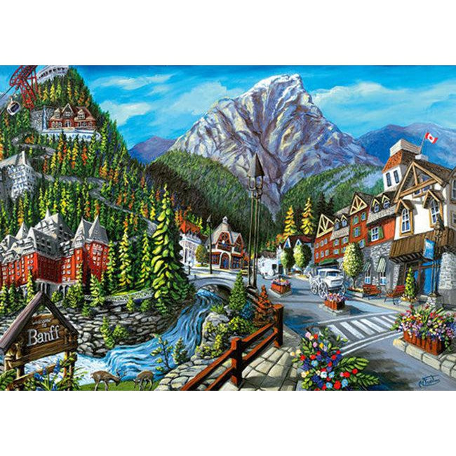 Puzzle image | View of city in Banff with large mountains in the back | Vivid colored trees cover one mountain and a river runs through the middle of the town. | Buildings have a mountain lodge feel, the weather is sunny and bright.