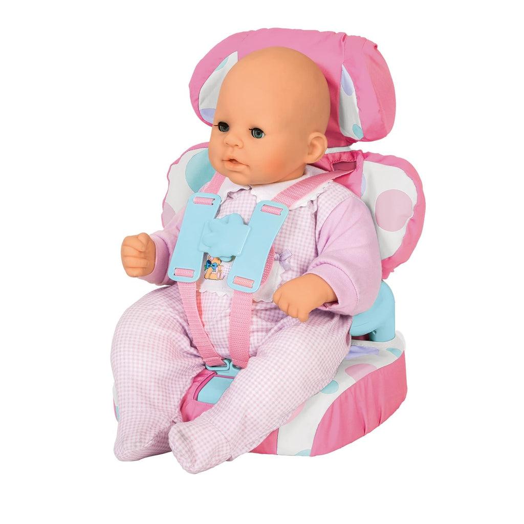 A baby is shown sitting in the booster seat and buckled in.