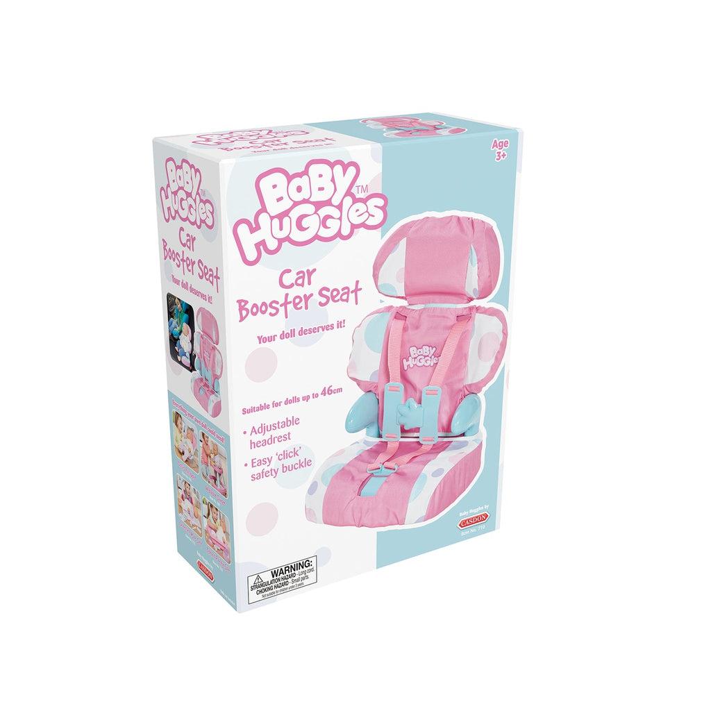 The box for the car seat reads: "baby huggies, car booster seat, your doll deserves it, suitable for dolls up to 46cm, adjustable headrest, easy click safety buckle"