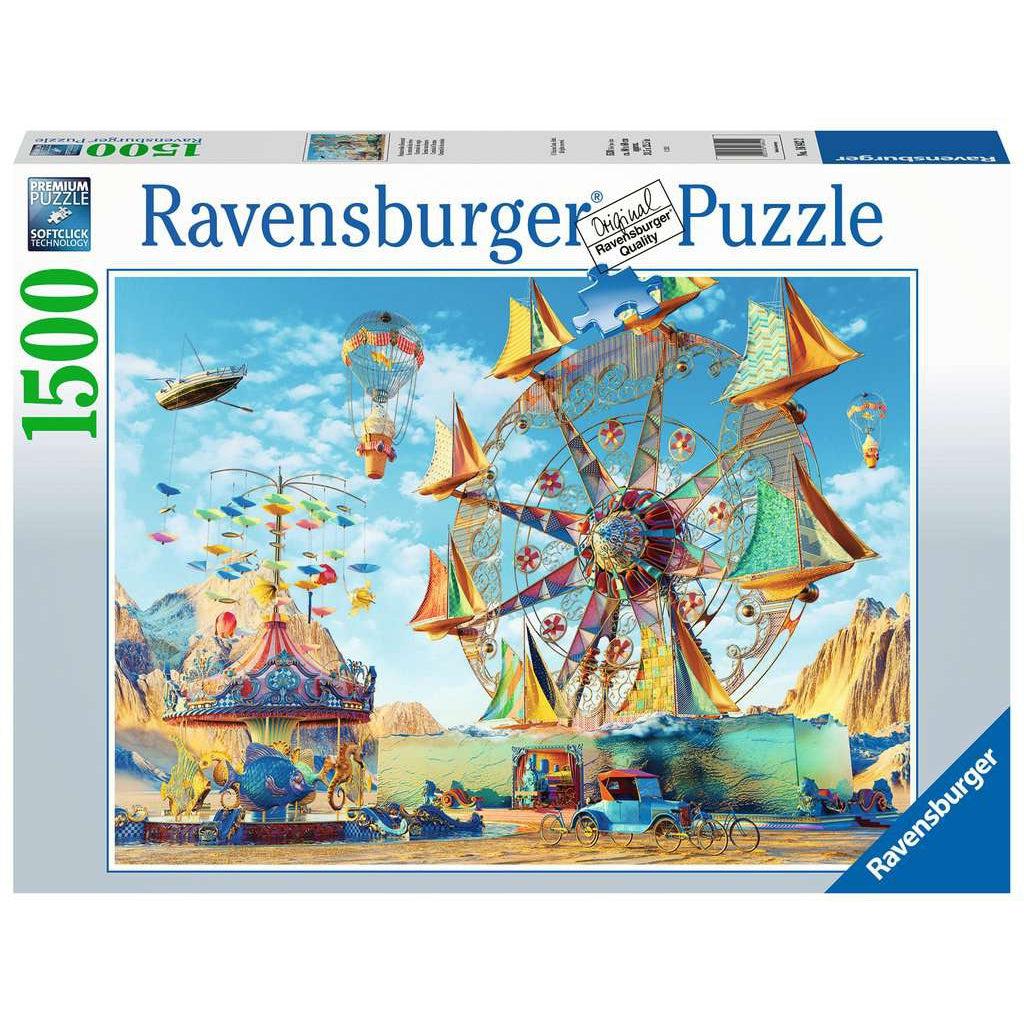 Image of front of puzzle box. It has information such as the brand name, Ravensburger, and the piece count (1500pc). In the center is a picture of the finished puzzle. Puzzle described on next image.