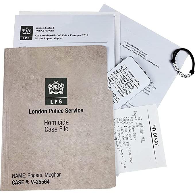 Non-puzzle evidence articles from game | London Police Service Homicide Case File with police reports, bracelt, diary entry, hand written notes, etc.