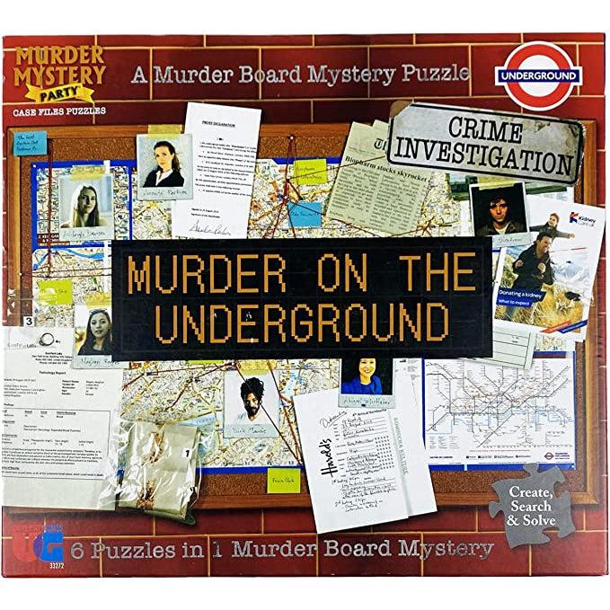 Front of Box | Murder on the Underground | Background is an evidence board with photos, newspaper clippings, maps, and other documents.