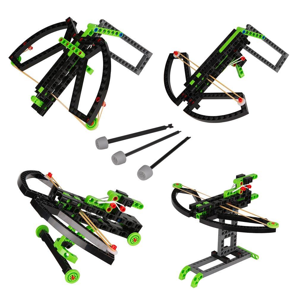 Images of buildable crossbow models | 4 models composed of black and green plastic pieces shown | Three foam tip projectiles.