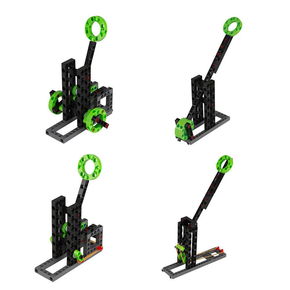 Images of buildable catapults | Catapults are composed of black and green plastic pieces.