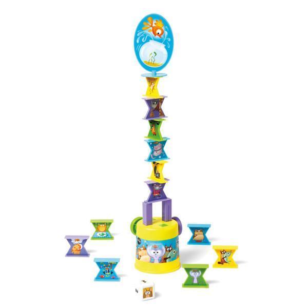 game in play is shown with a tower of pieces depicting cats build up with a fishbowl piece sitting on top