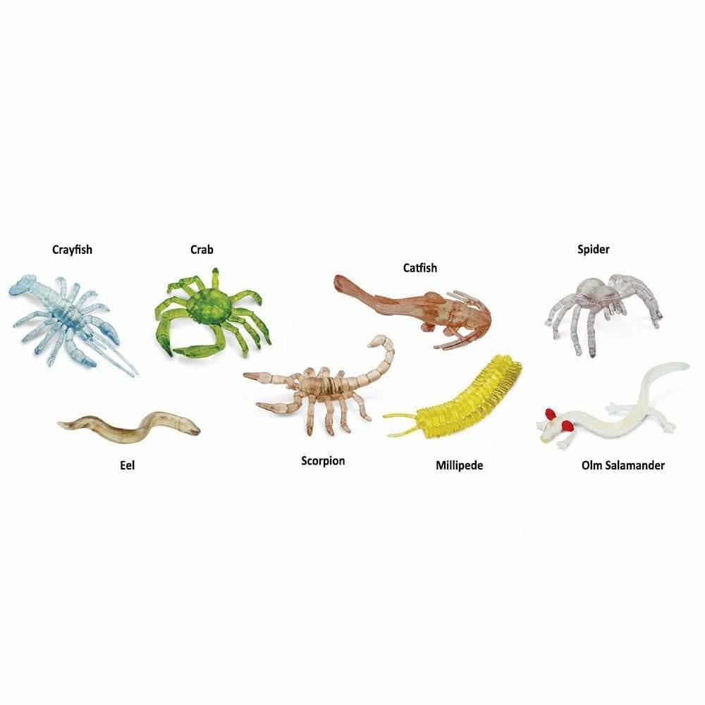 Image of all the included figurines. It comes with a crayfish, a crab, a catfish, a spider, an eel, a scorpion, a millipede, and an olm salamander.