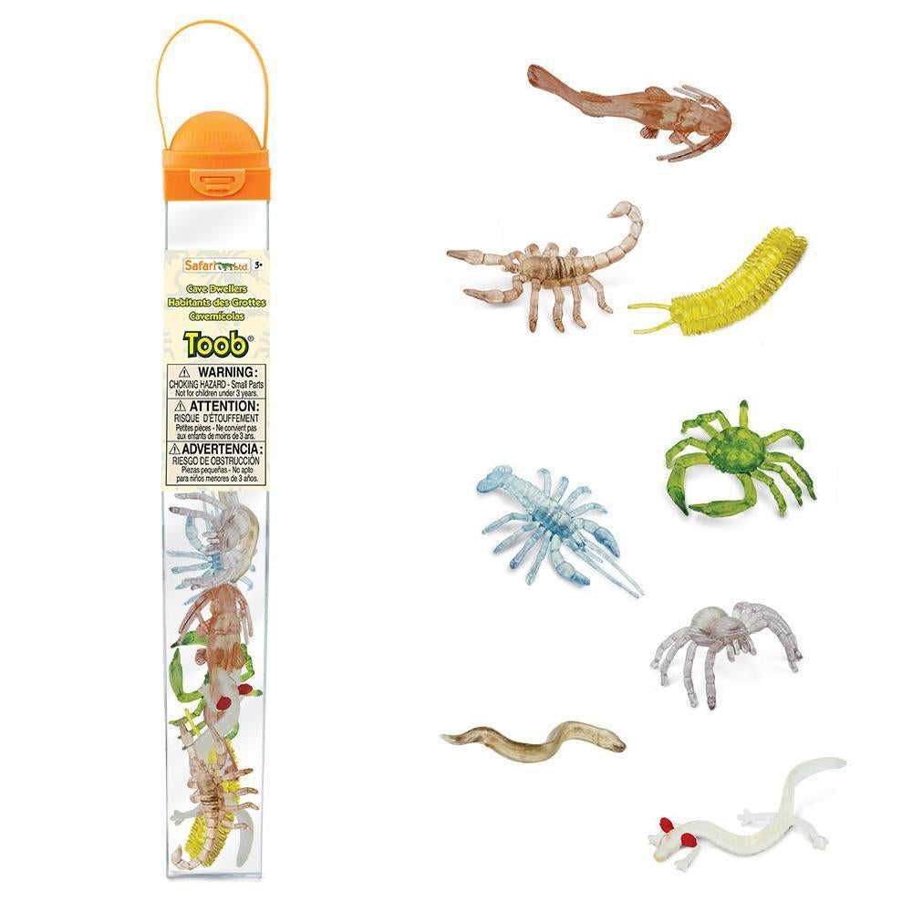 Image of the packaging for the Cave Dweller Toob set. It is a clear plastic tube so you can see the figures inside with an orange lid. 