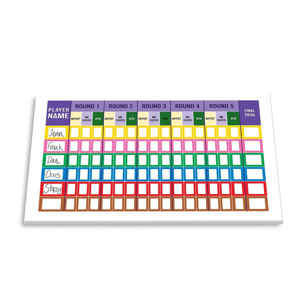Multi-color score sheet with room for 6 individual players and 5 rounds of game play.