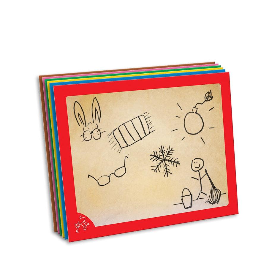 Dry-erase drawing boards. Each of the 6 boards has a unique color and associated doodle. 