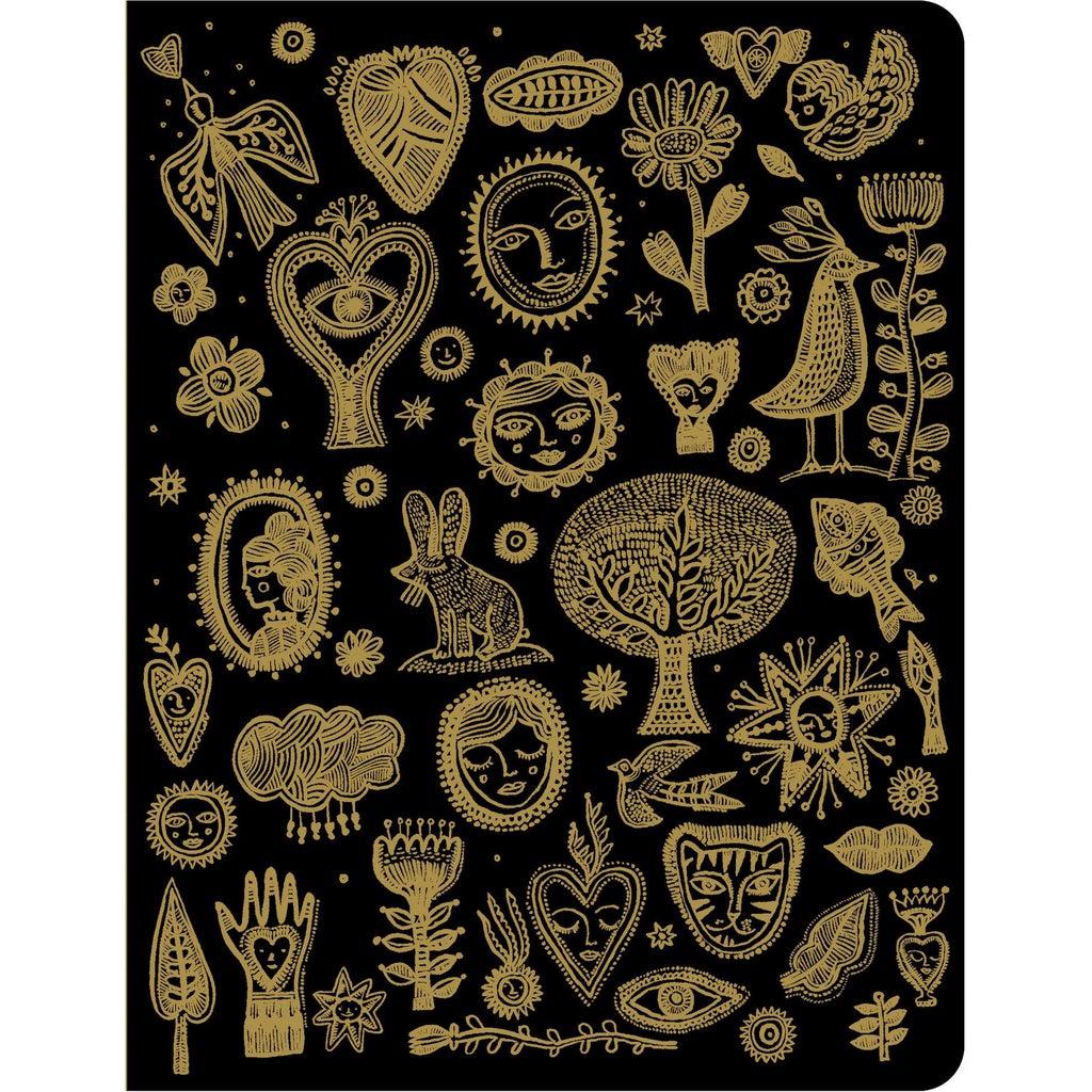 Image of the Chic Aurelia Notebook. The front of the book is black with gold illustrations of hearts, trees, and animals.