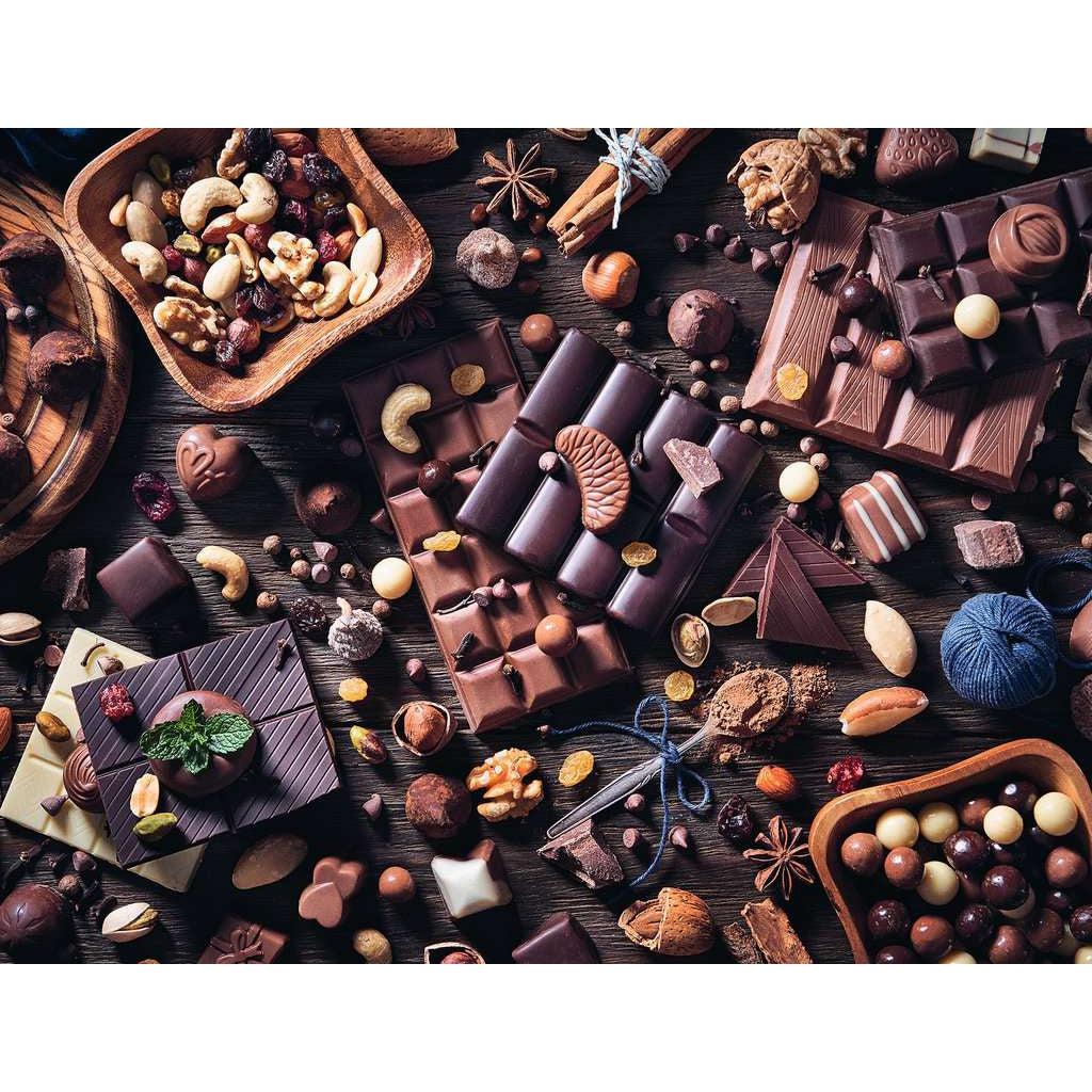 Puzzle is of an assortment of chocolate bars, candies, and nuts! All in different shades of brown, this puzzle is a chocolate-lover's heaven!