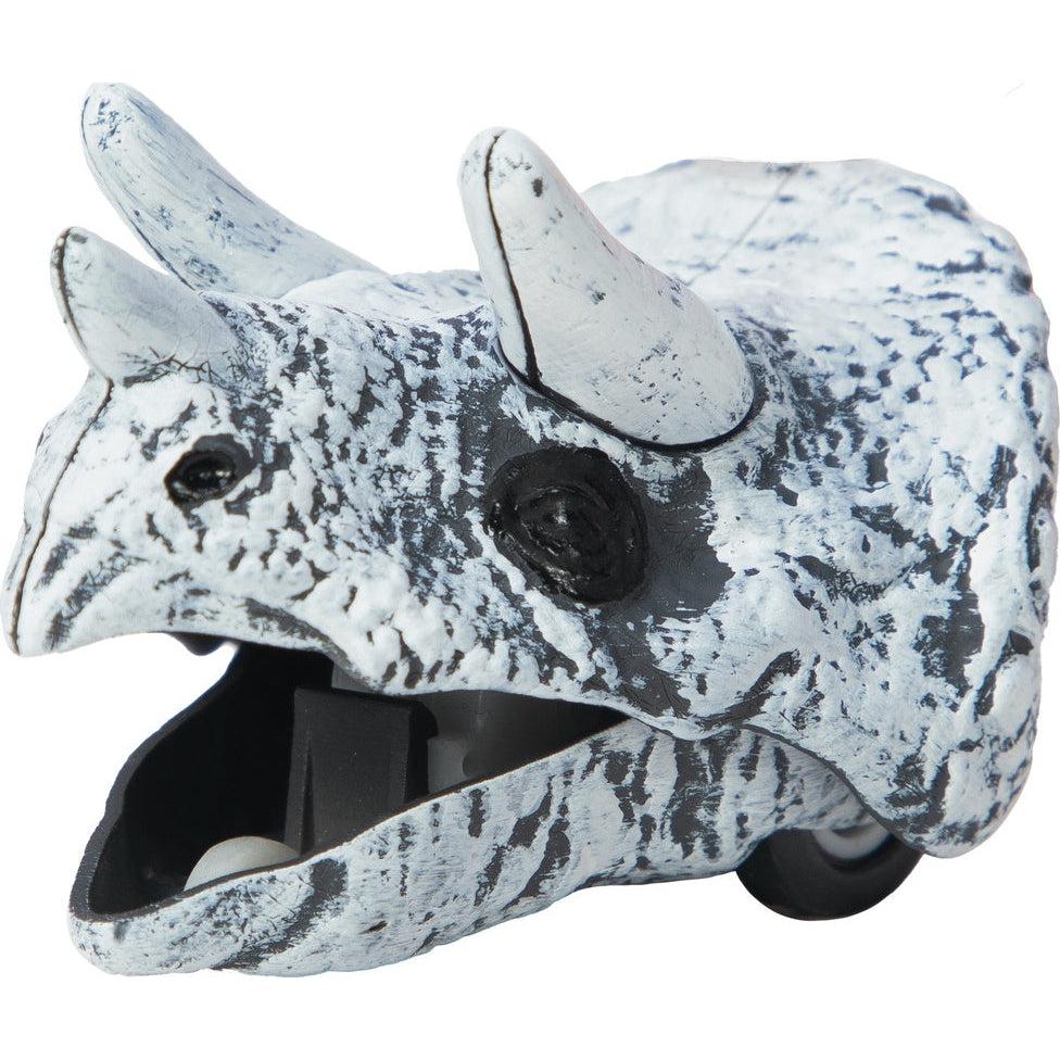The triceratops version is pictured, the skull is white with black detailing to give the impression of weathered bones.