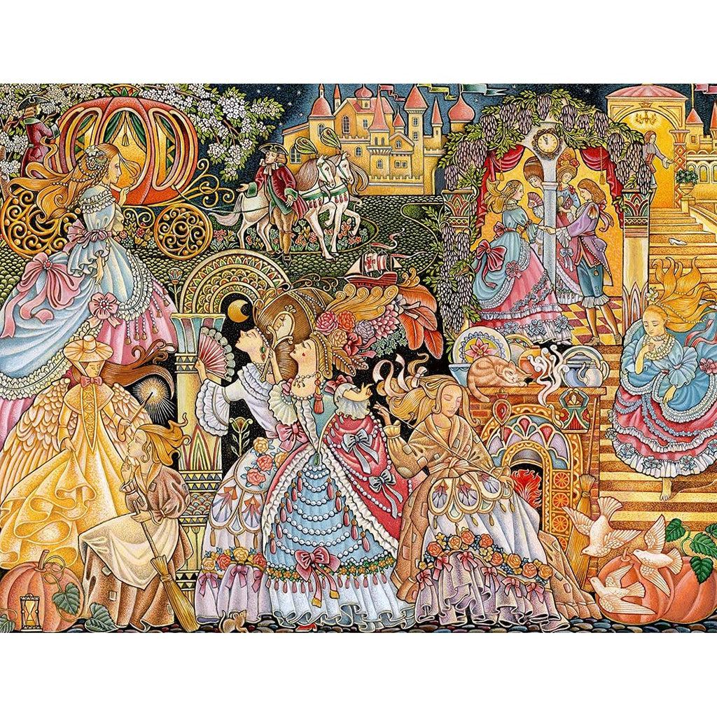 Puzzle is a vintage/antique-styled illustration of the story Cinderella. It shows different scenes from the fairytale like the ball, her fairy godmother, and the pumpkin carriage.
