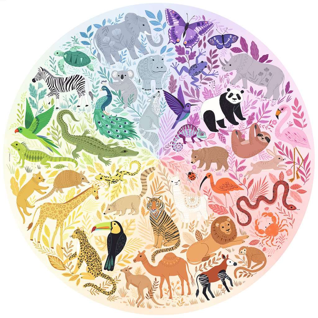 Puzzle image | Puzzle is circular and divided into slices based on color | Colors sections are red, orange, yellow, green , blue, purple, and pink | Each sections contains simple cartoon animal illustrations | Ex. Blue section has an elephant, hippo, koala, and wolf.