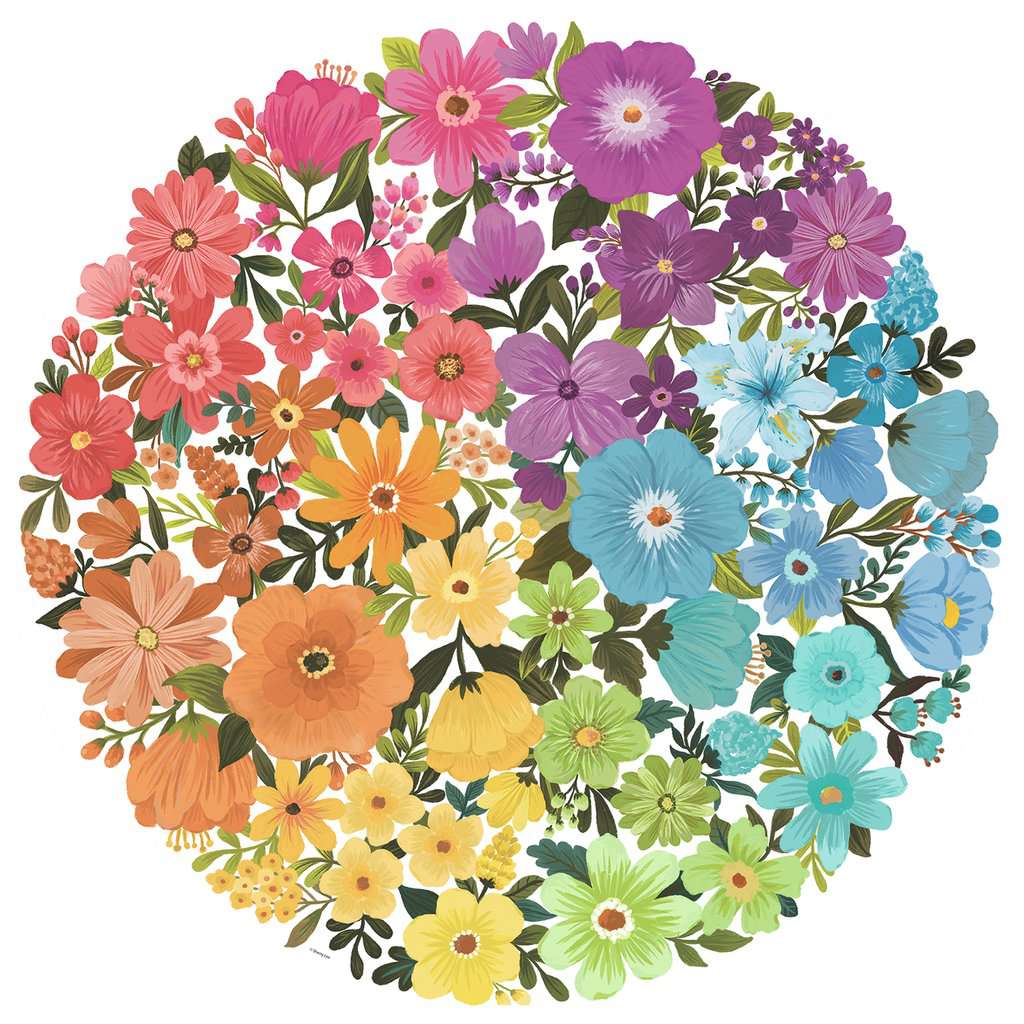 Image of puzzle | Illustrations of flowers in colors pink, purple, blue, green, yellow, and orange form a circle 