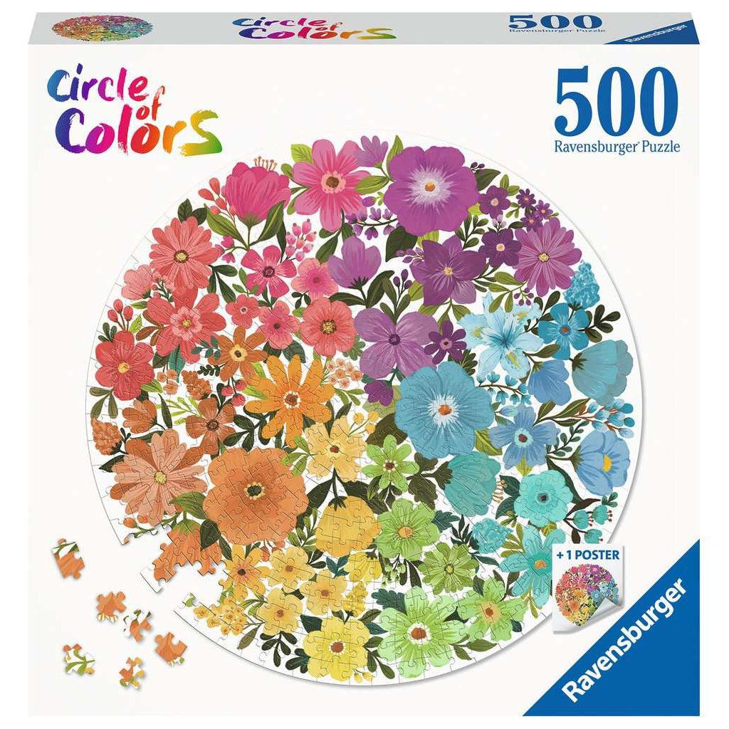Ravensburger puzzle box | Circle of colors | Image: Circular puzzle containing flower illustrations for colors of the rainbow | 500pcs