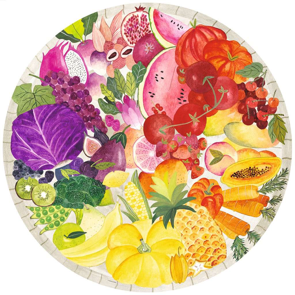 Image of puzzle | Circular shape with illustrations of fruit. Mostly red, yellow, and purple with some green, pink, and orange items