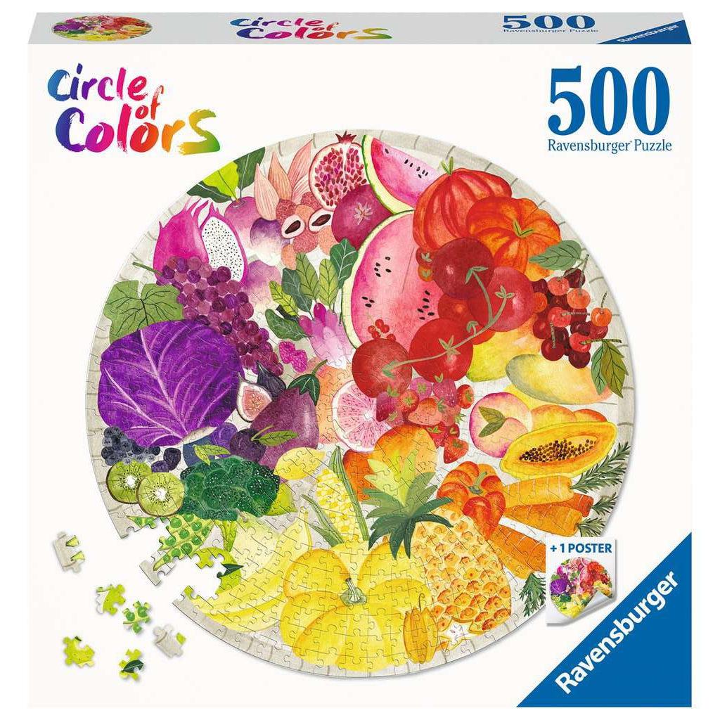 Ravensburger puzzle box | Circle of Colors | Image: Circular puzzle with a variety of fruit and vegetable illustrations sorted by color