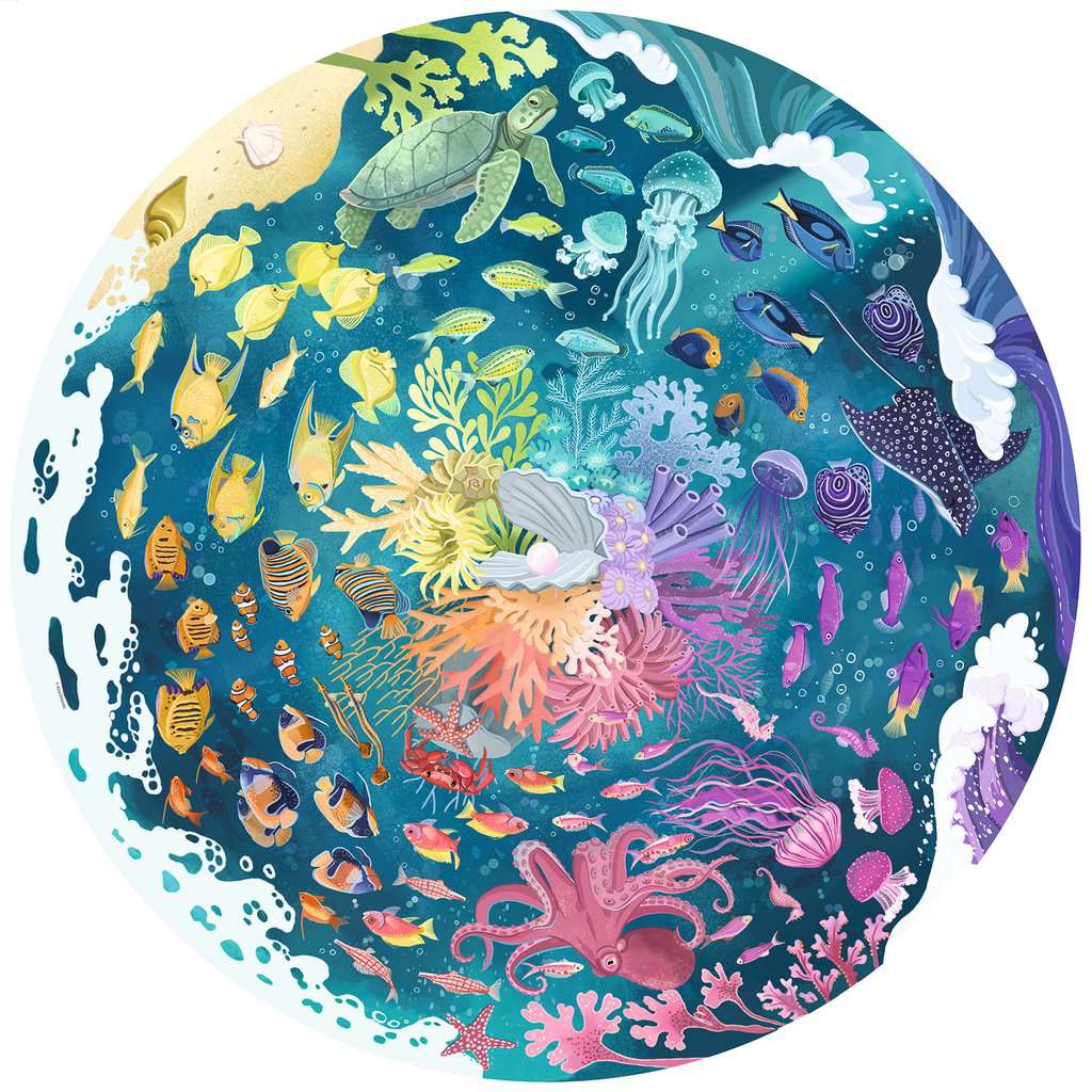 Image of puzzle | Sea creatures of all colors of the rainbow swim in a circle around a central rainbow coral reef. Edges of the puzzle appear to have cartoon waves and seafoam in some areas