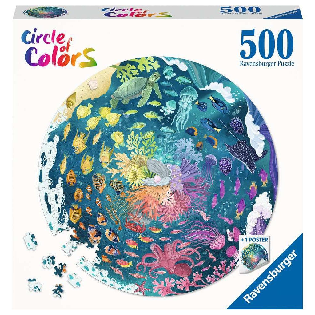 Ravesnburger puzzle box | Circle of colors | Image: Circular puzzle containing a wide variety of sea life in the colors of the rainbow against a teal background | 500pcs