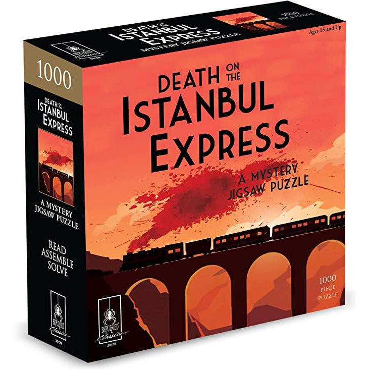 Death on the Istanbul Express Mystery Jigsaw Box | Front and side visible | Image on Front: Illustration of a black train on a bridge against a orange/red sunset background with blood coming out of the train instead of smoke. | Image on side: 1000pcs, small version of front cover images, text reads "Read, Assemble, Solve"