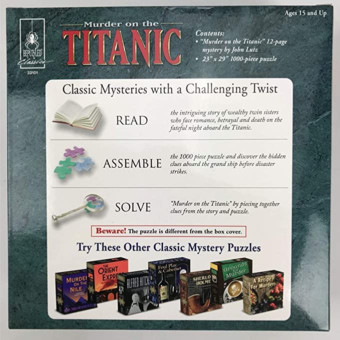 Back of box | Contents, and instructions as provided in item description | Images of other Classic Mystery Puzzles