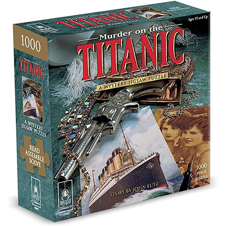 Murder on the Titanic Mystery Jigsaw Box | Front and side visible | Image on Front: An antique gun, jewelry, and photographs of the Titanic and two women sit against a dark background | Image on side: 1000pcs, small version of front cover iamges, puzzle piece shaped box that reads "Read, Assemble, Solve"