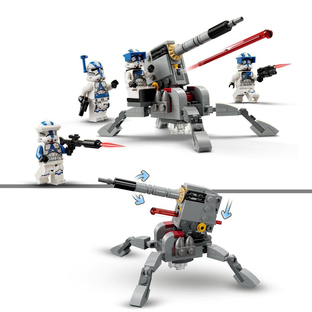 top image: one trooper is firing the turret and two of the troopers are firing their blasters with the comander trooper in the back pointing forward | bottom image: graphic displaying the turret can adjust aim up and down, and can fire a lego laser bolt