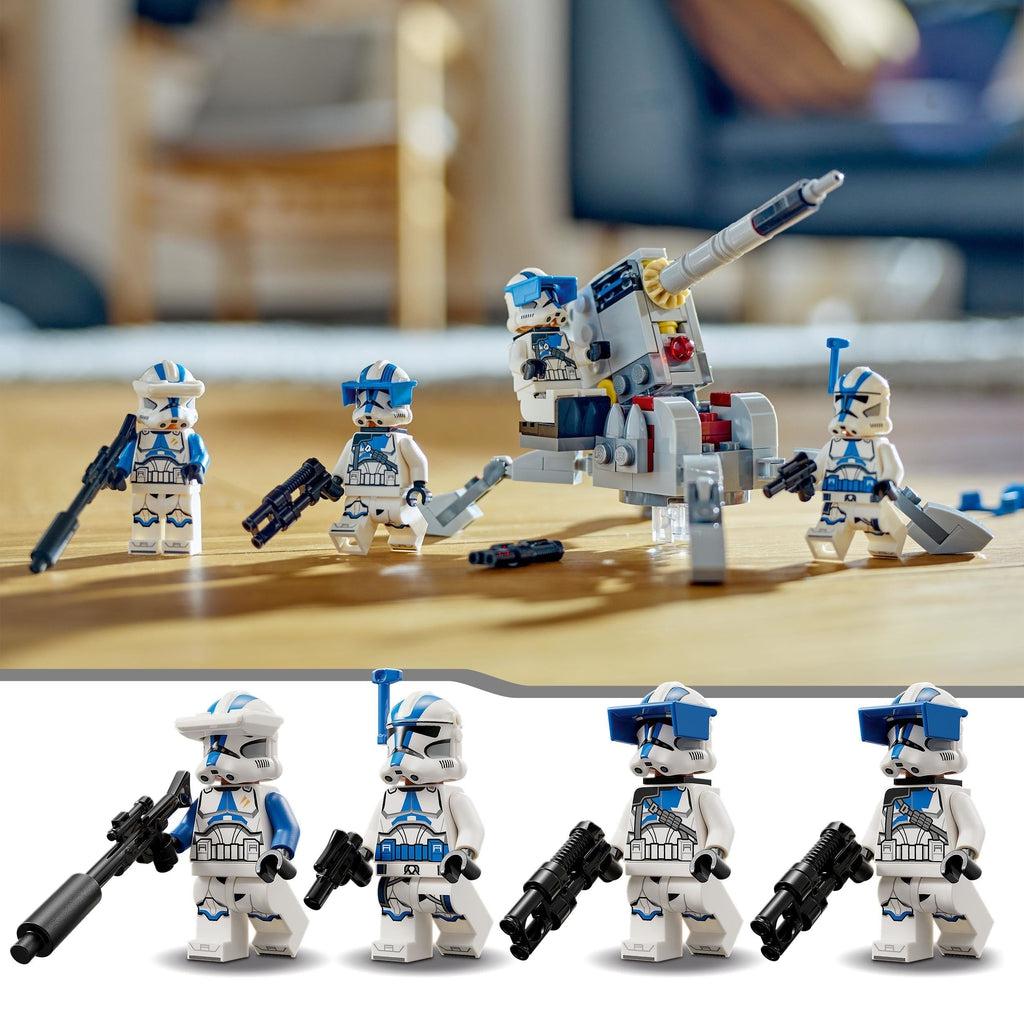 top image: the lego set displayed on a table | bottom image: the 4 figures are shown, the 501st sniper with a spotting visor on and holding a long rifle blaster, a 501st commander with a helmet antenna and small pistol blaster, and 2 501st troopers with rectangle visors on their helmets and holding normal sized one handed blasters