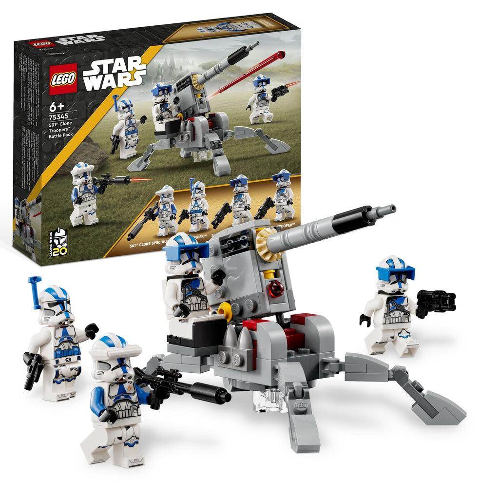 The lego set is shown in front of it's box | There is a lego star wars gun turret and 4 501st lego clone trooper minifigures, one on the turret and 3 on their feet holding blasters