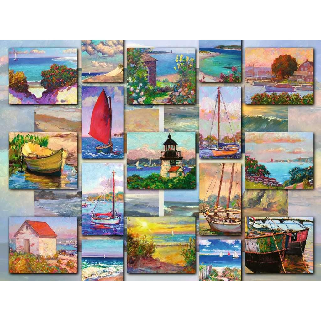 Puzzle is a collage of painted scenes of different coastal objects such as boats, houses, and the beach. The pictures overlap each other.