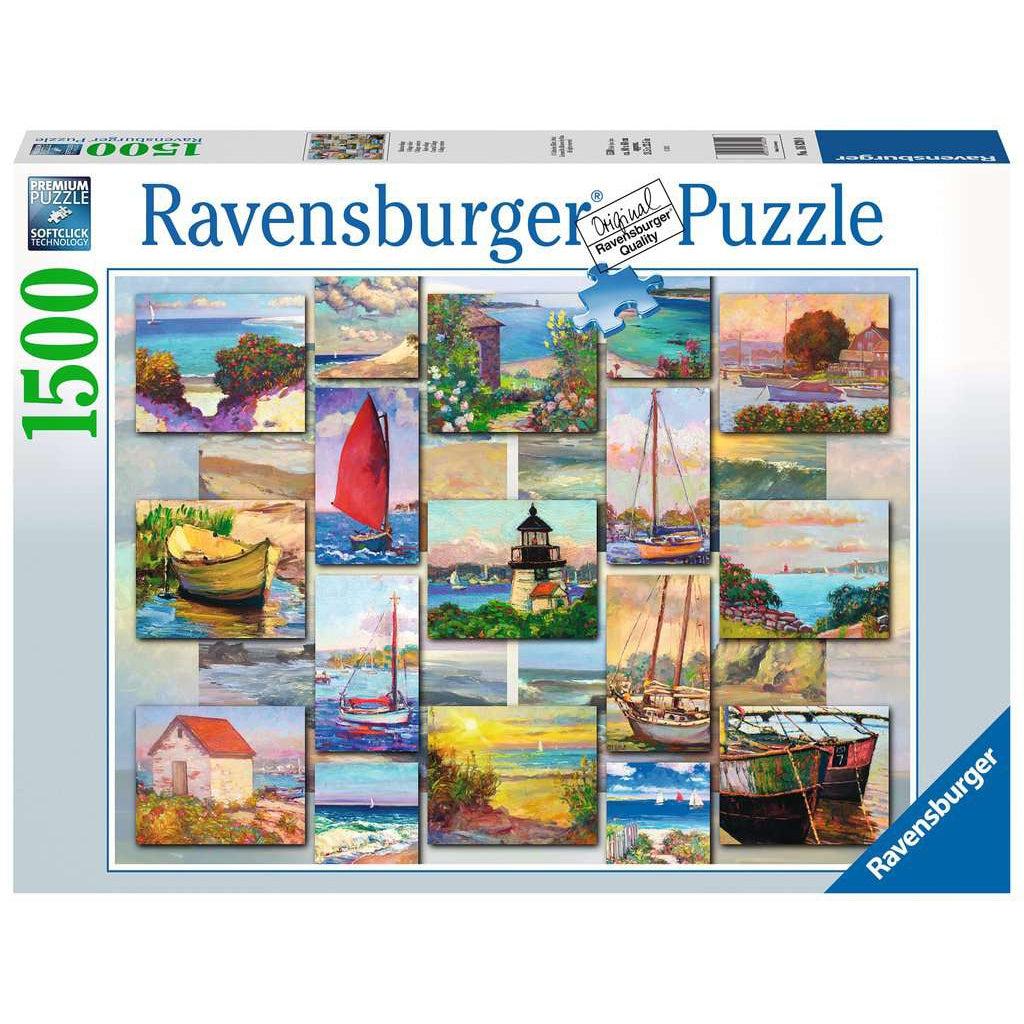 Image shows front of puzzle box. It has information such as the brand name, Ravensburger, and the piece count (1500pc). In the center is a picture of the finished puzzle. Puzzle described on next image.