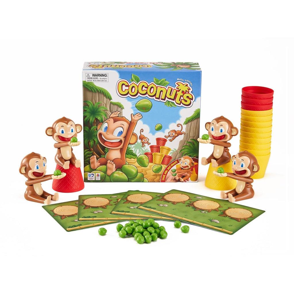 Image of the included game pieces. The game includes four monkeys, red and yellow baskets, boards with stumps on them, and green coconuts.