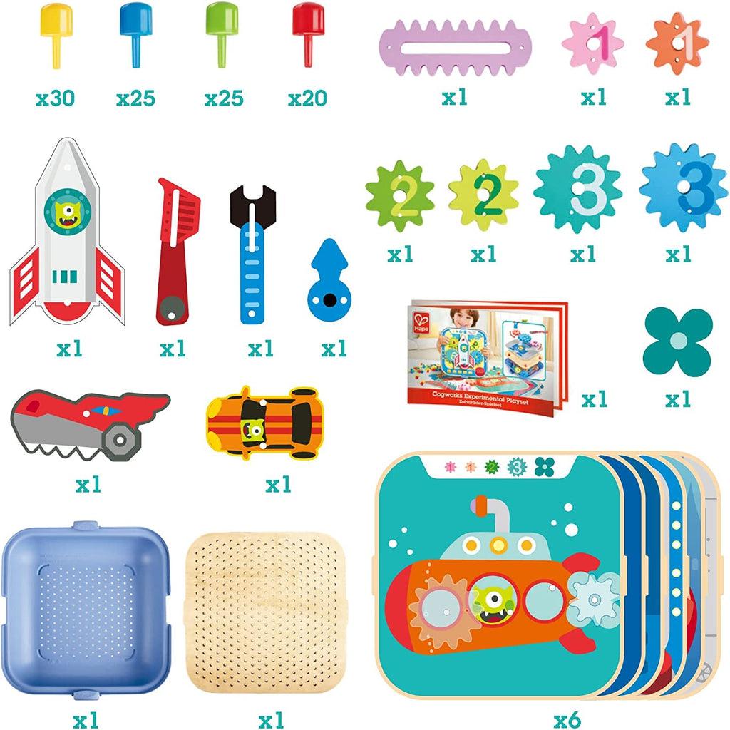 Complete contents of toy as listed in toy description | Pins are yellow, blue, green, and red. | Gears are all different colors and numbered 1-3 from smallest to largest. | Carrying case is blue and light brown.