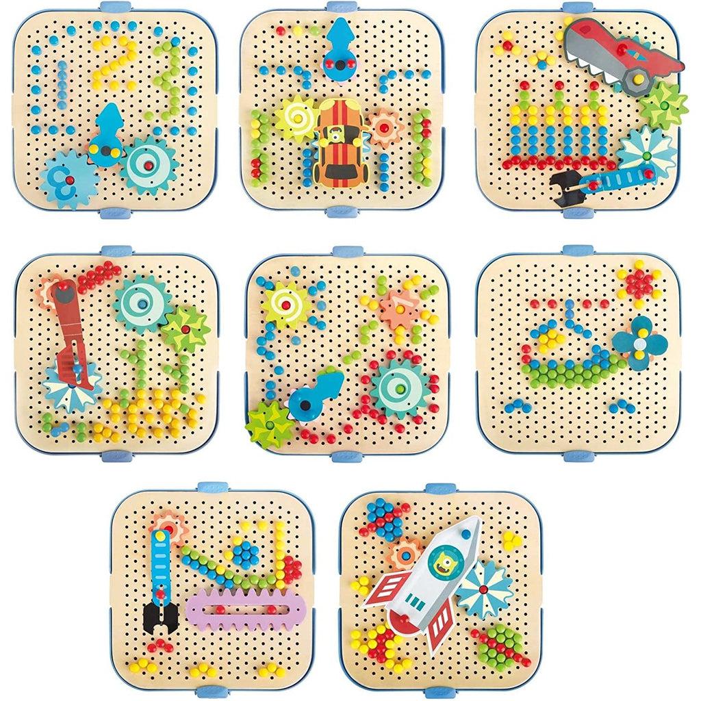 Image shows 8 different examples of ways to combine toy pieces to form art/pictures on peg board.