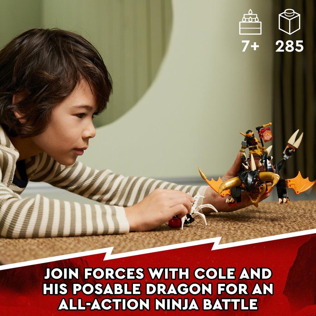 A child is shown with the dragon and cole in one hand and the bone warrior in the other. Image reads: Join forces with cole and his posable dragon for an all-action ninja battle.