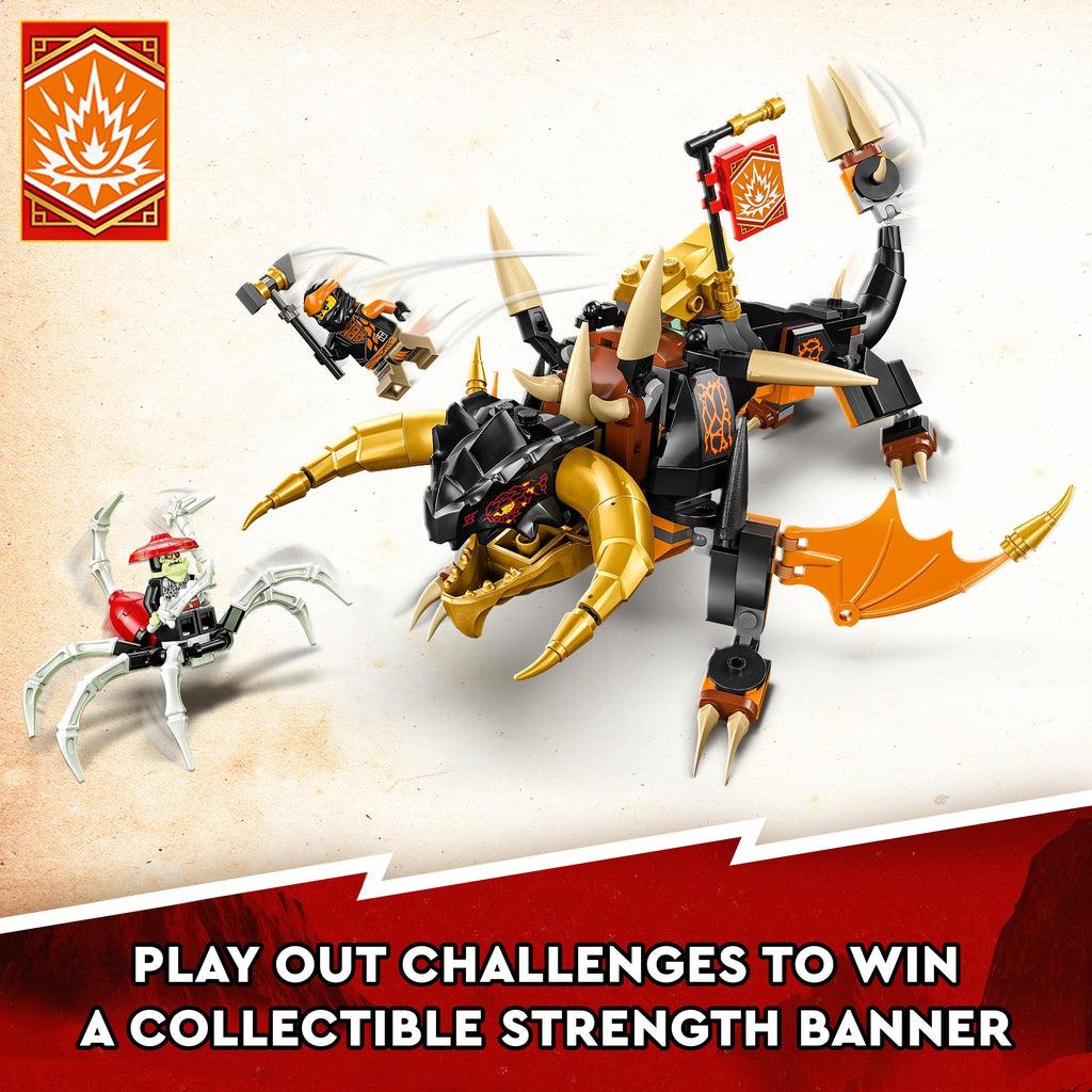 The same image from the cover is shown again with the dragon and cole fighting the bone warrior. Image reads: Play out challenges to wind a collectible strngth banner