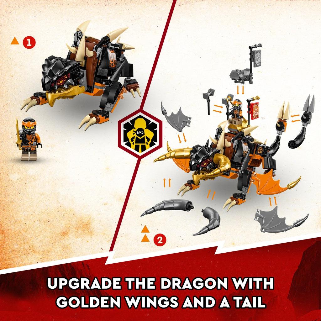 Cole and the dragon without any upgrades are shown on the left. On the right is shown the dragon with both grey and gold wing, horn, and tail options. Image reads: Upgrade the dragon with golden wings and a tail.
