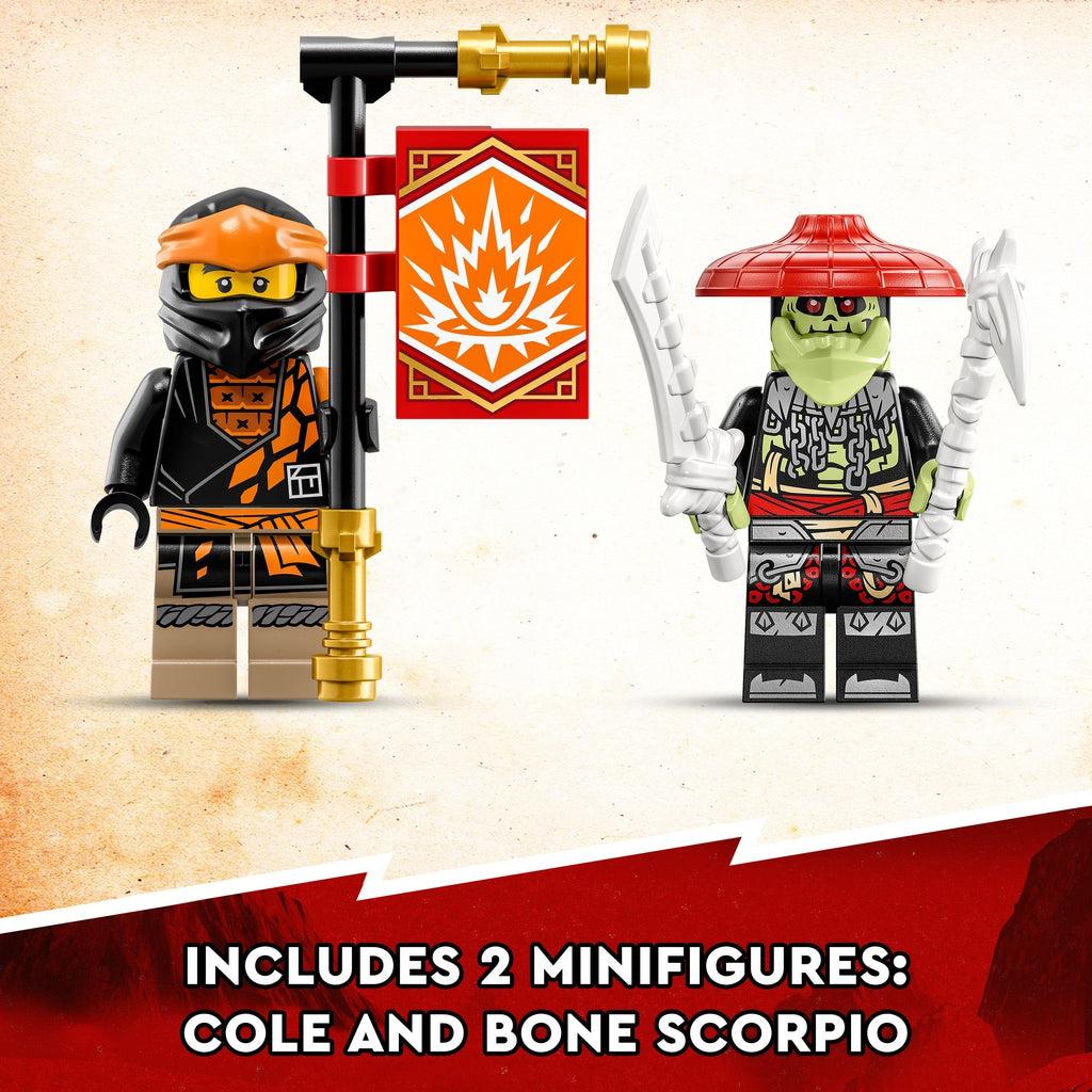 the ninja cole holding the collectable banner is shown next to the bone warrior holding a sword and a scythe. Image reads: Includes 2 minifigures: cole and bone scorpio.