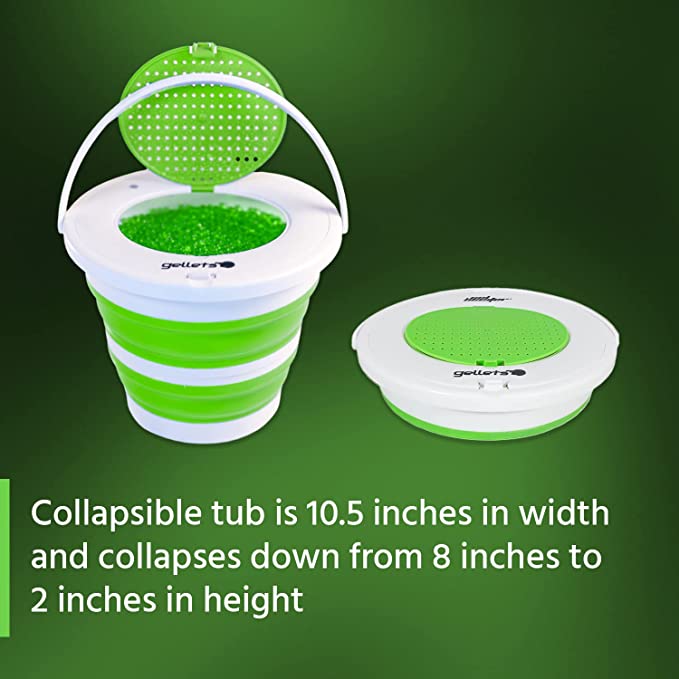 Collapsible tub is 10.5 inches in width and collapses from 8 inches to 2 inches in height | tub shown collapsed and expanded side by side
