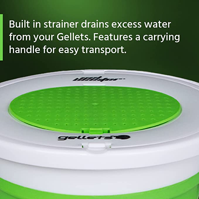 Built in strainer drains excess water from your gellets. Features a carrying handle for easy transport