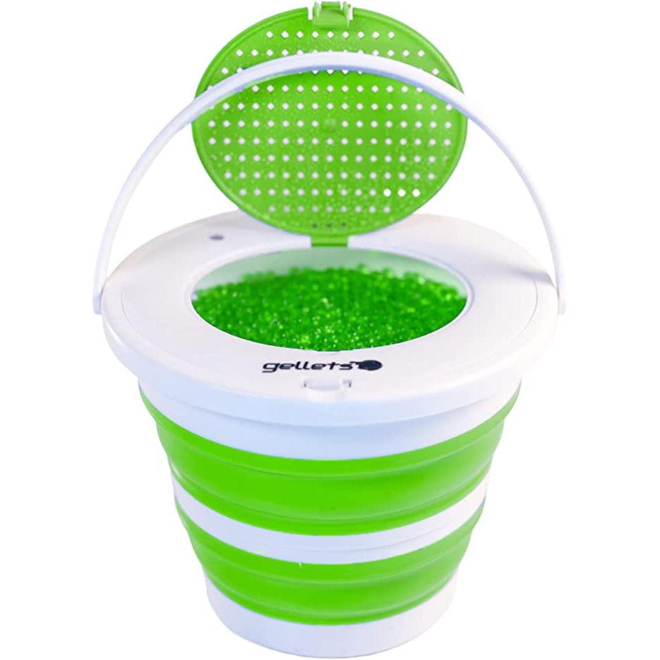 white plastic tub with green rubber segments to allow collapsing | tub is expanded and full of green gellets | top opens up to allow access inside.