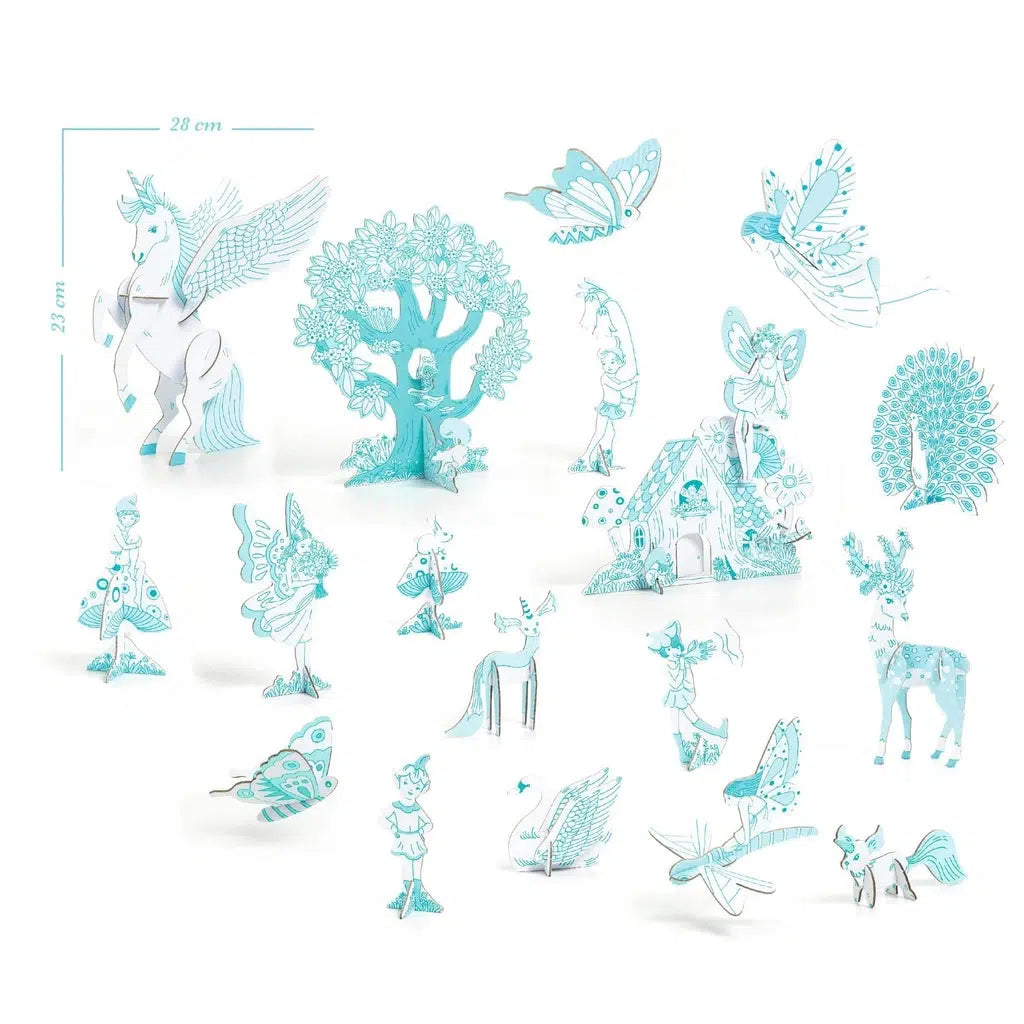 Image of the different paper creatures that can be colored. Some of them include a unicorn, fairies, trees, and a cottage.