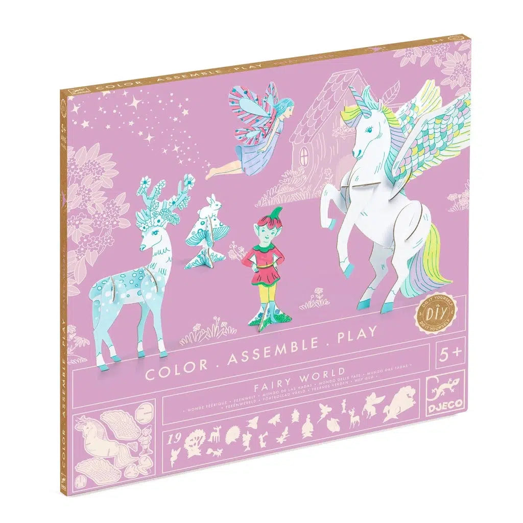 Image of the packaging for the Color Assemble Play Fairy World. On the front is a picture of some of the possible finished products for the craft.