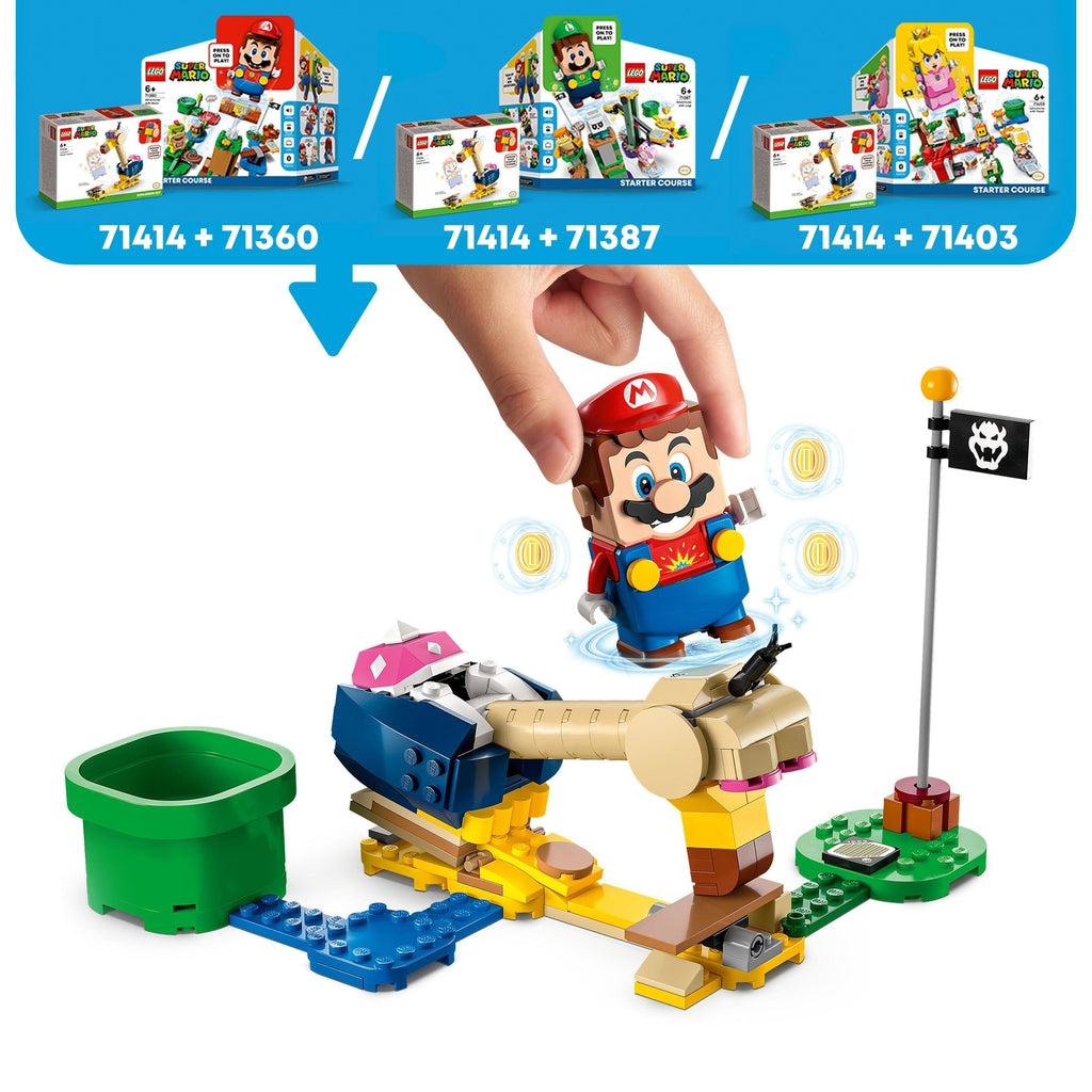 graphic at the top shows this set can be combined with any of the lego super mario starter sets (the mario, luigi, or peach set) to unlock interactive elements.