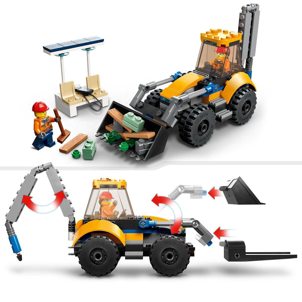 top image shows one of the figures in the excavator and the other with a lego broom pushing the lego rubble into the excavators scoop | bottom image shows the attachments on the front can be swapped out and the arms for the attachments move.