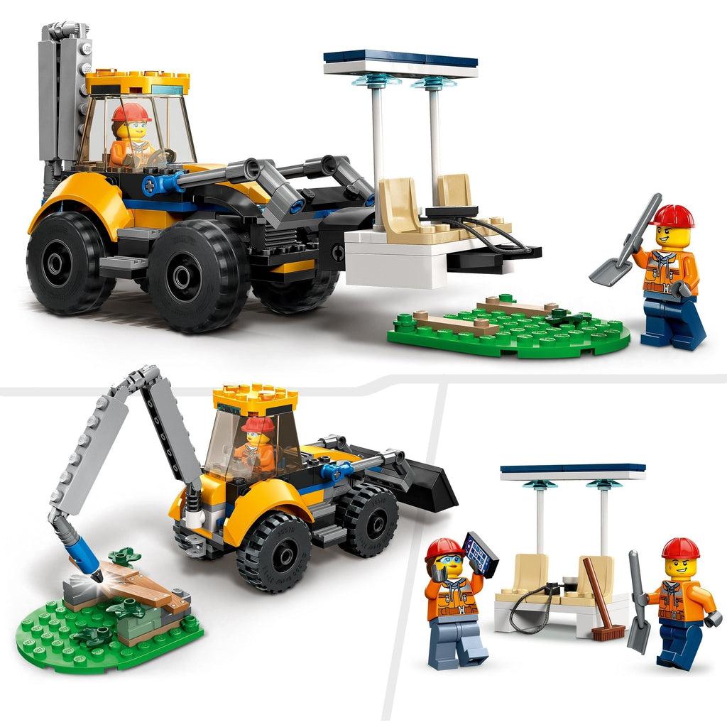 top image shows the excavator with the forklift attachment moving the lego bench | bottom images show the excavator destroying the old lego bench with the drill on its back and another image of the two figures standing by the lego bench