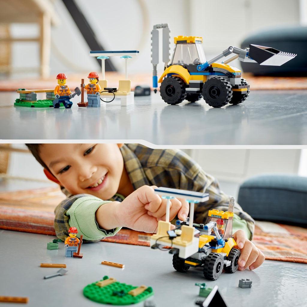 top image shows the lego set on a marble or tile floor | bottom image shows a child playing with the lego set on the floor