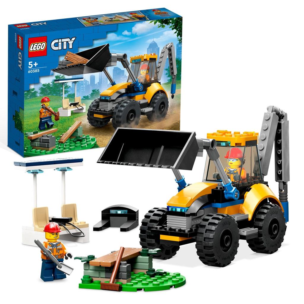 The lego set is shown in front of it's box | there are 2 lego figures, a lego bench, a lego excavator, and accessories