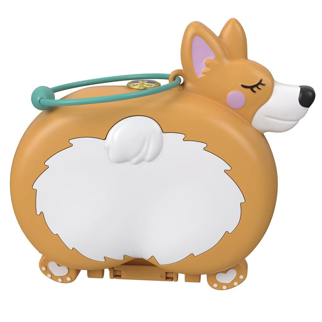 Closed compact | Compact is the shape of a tan and white corgi and has a teal adjustable strap for travel use.